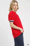 Umgee Puff Sleeve Zip Front Top with Contrast Striped Trim  Style Ratio