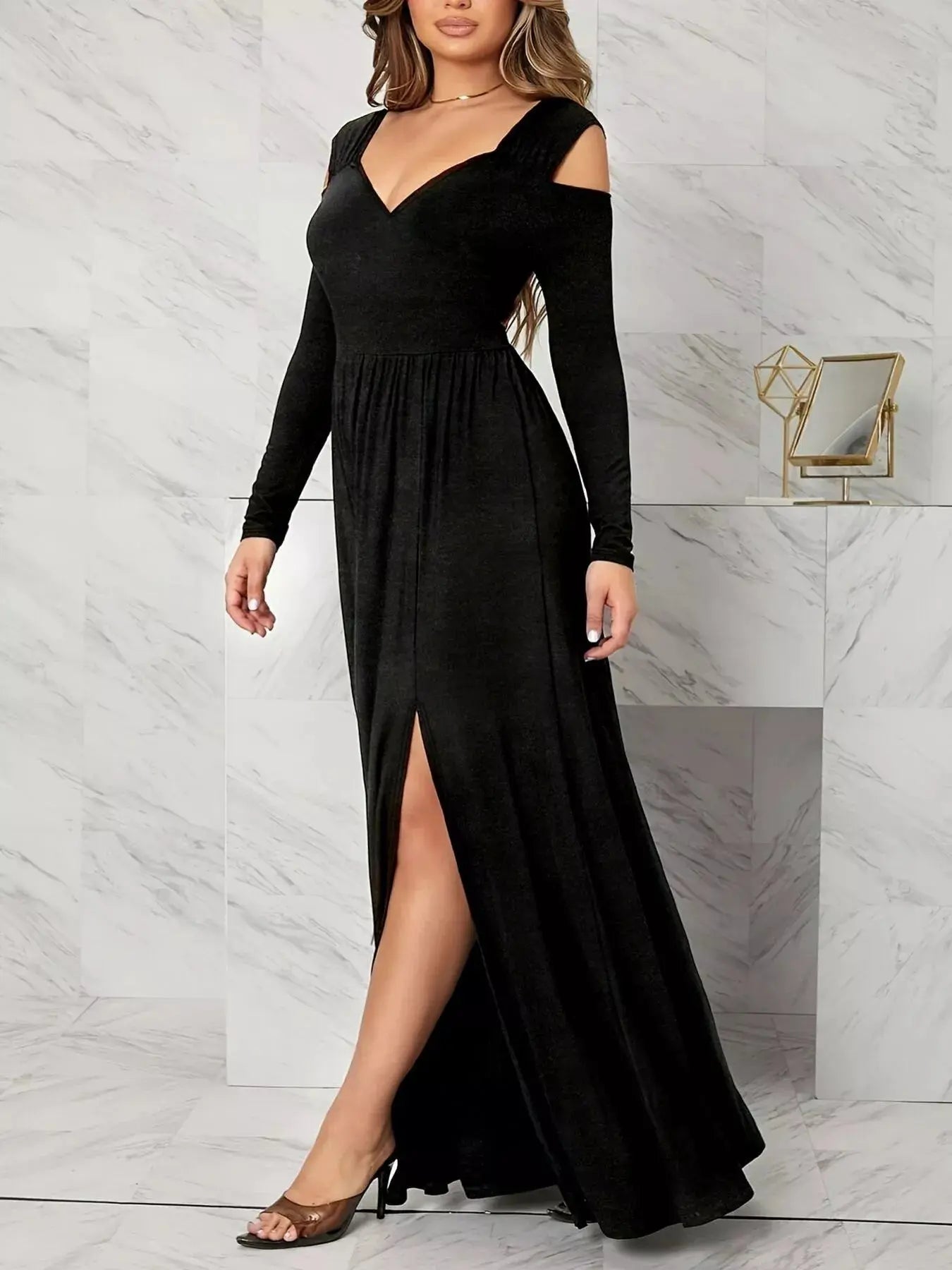 Elegant Cold Shoulder Slit Maxi Dress  Style Ratio