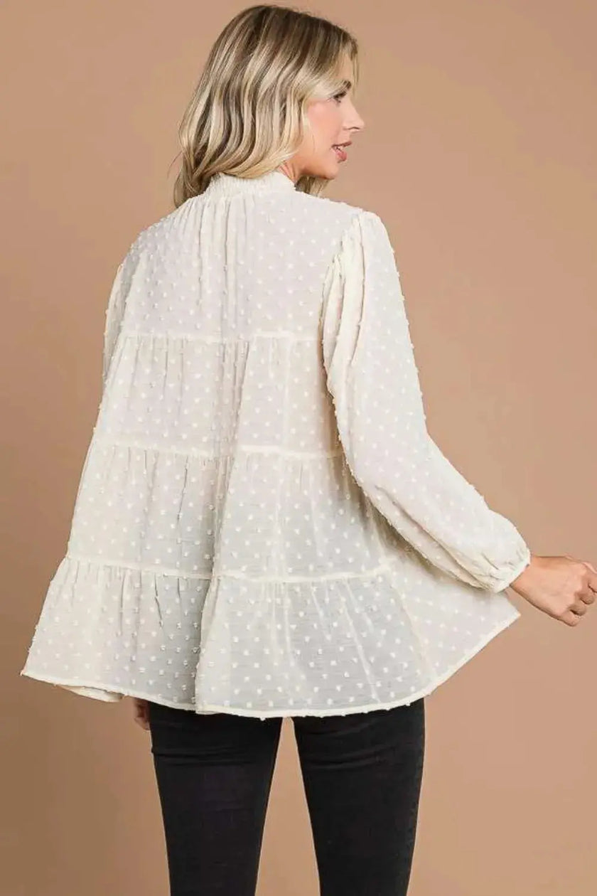 Culture Code Full Size Swiss Dot Smocked Mock Neck Blouse  Style Ratio