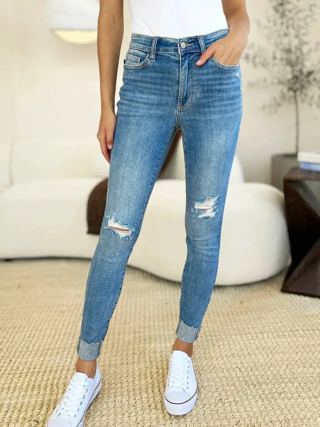 Judy Blue Full Size Mid Rise Destroy & Cuff Skinny Jeans  Style Ratio