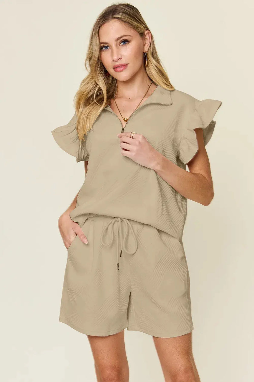 Double Take Texture Flounce Sleeve Top and Drawstring Shorts Set  Style Ratio