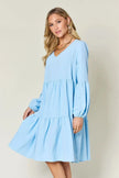 Double Take Full Size V-Neck Balloon Sleeve Tiered Dress with Pockets  Style Ratio