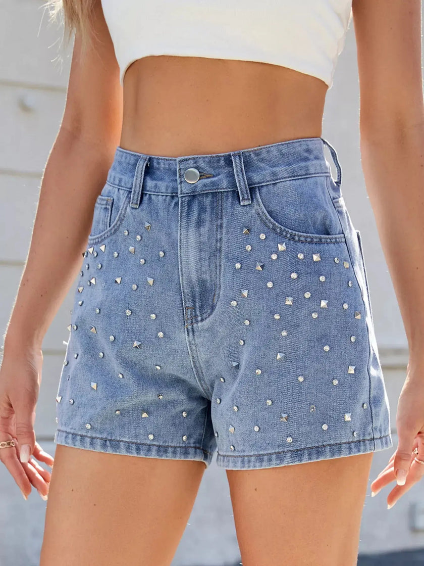 Studded High Waist Denim Shorts  Style Ratio