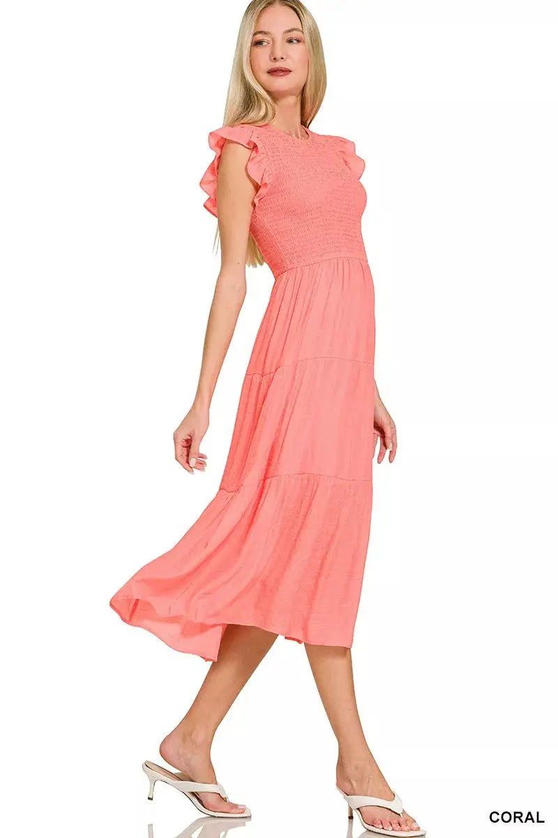 Zenana Woven Smocked Ruffle Sleeve Midi Dress  Style Ratio
