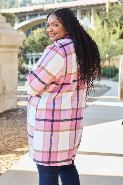 Double Take Plaid Button Up Lapel Collar Coat Trendsi