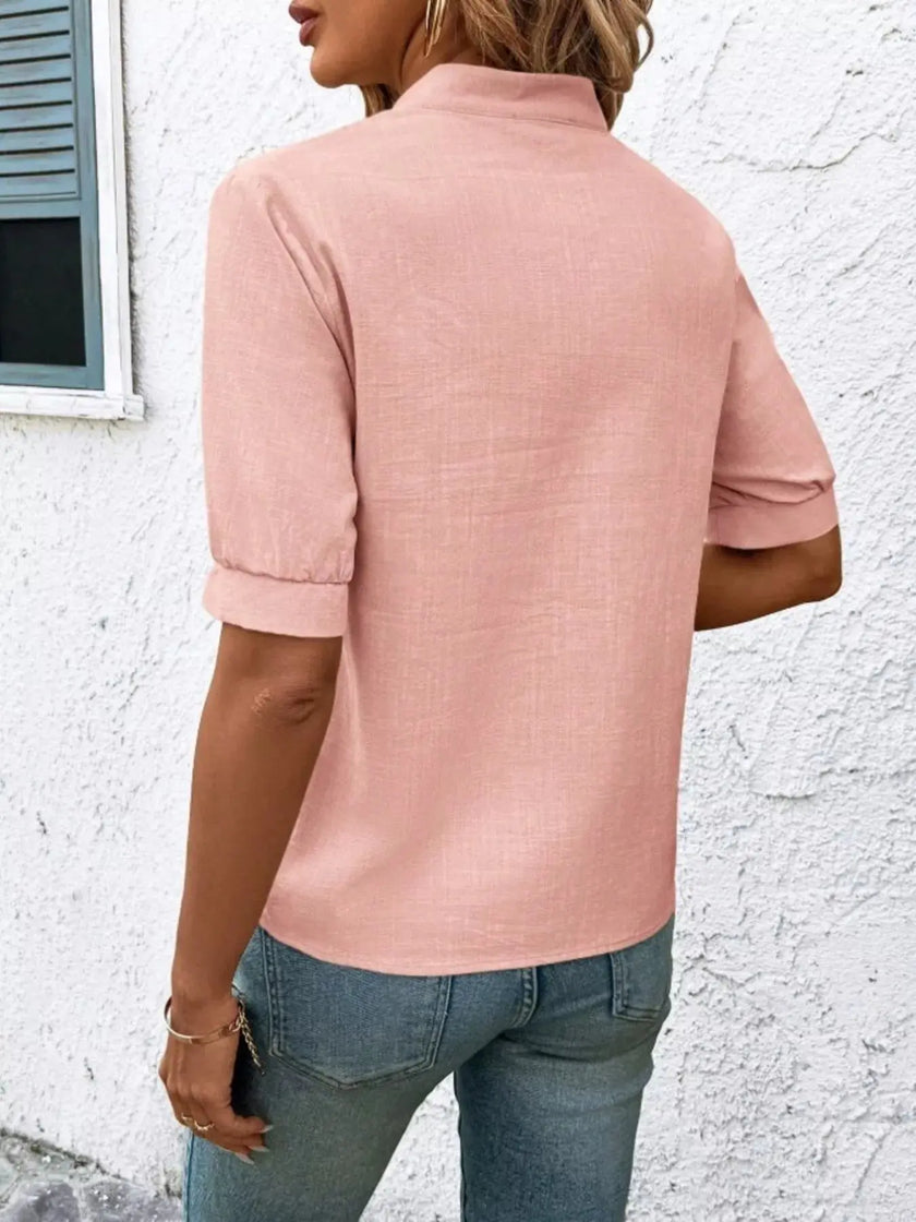 Embroidered Notched Short Sleeve Blouse  Style Ratio