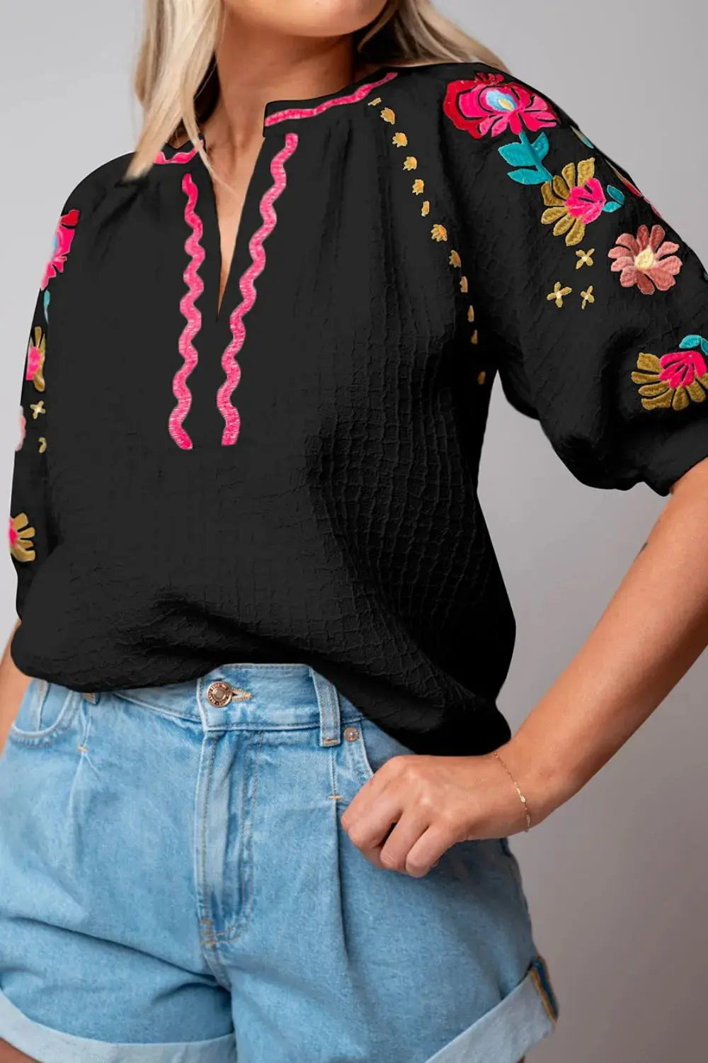 Floral Embroidered Notched Puff Sleeve Blouse  Style Ratio