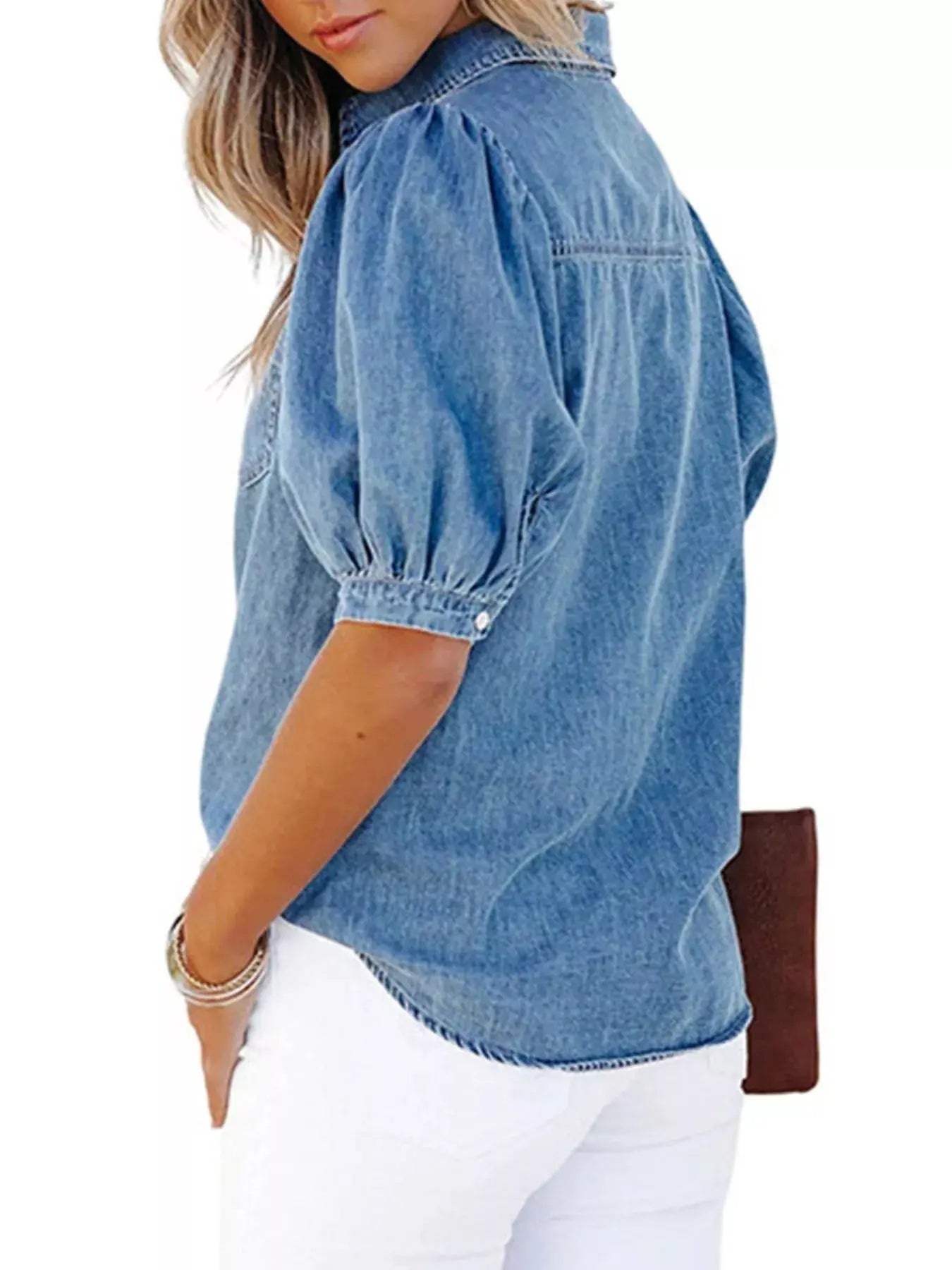 Puff Sleeve Button-Down Denim Top  Style Ratio