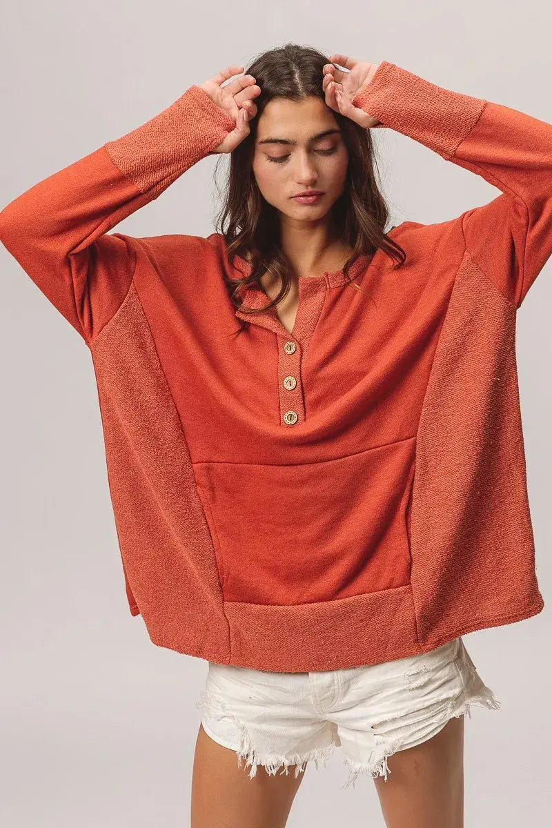 BiBi French Terry Knit Side Block Buttoned Henley Sweatshirt  Style Ratio