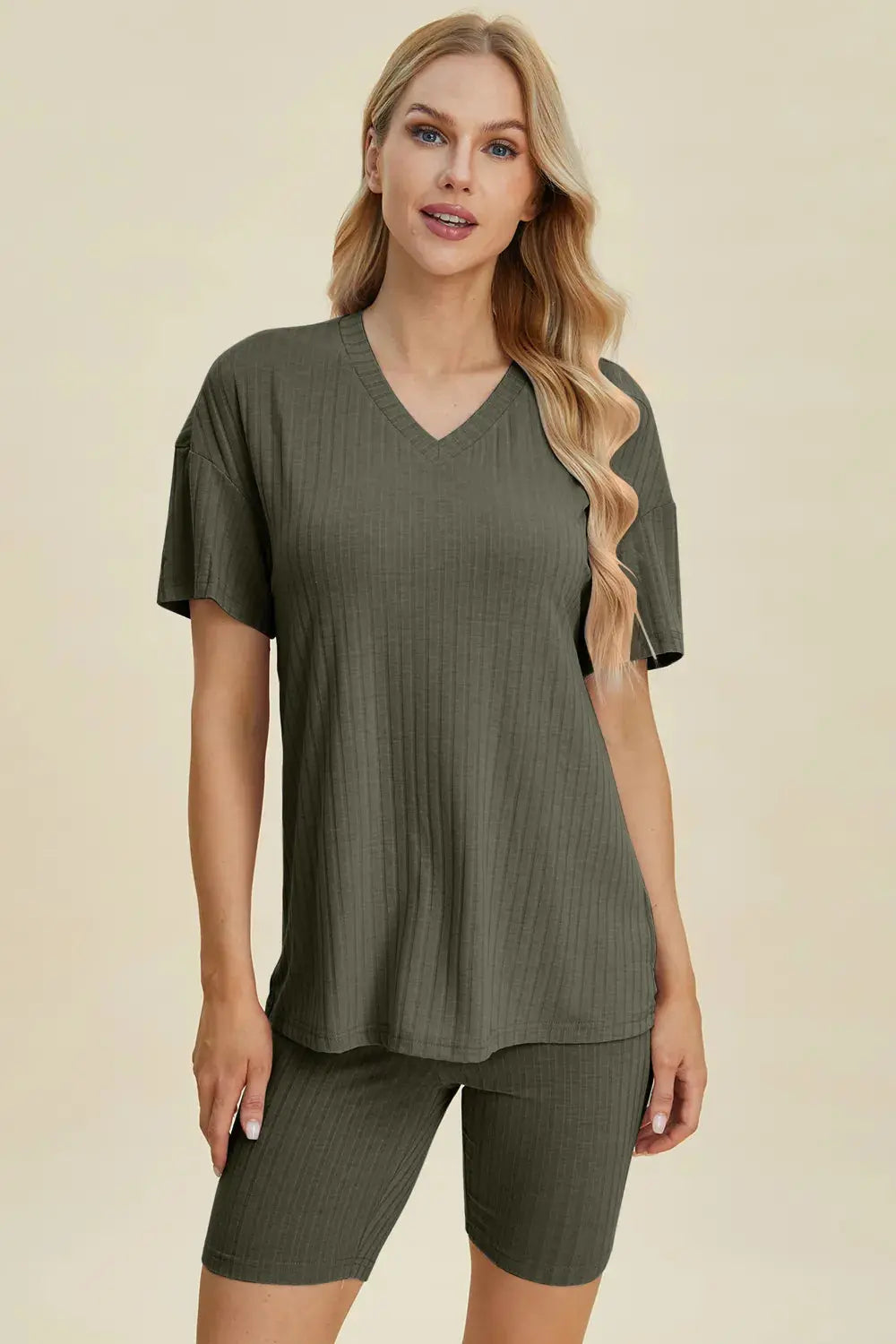 Basic Bae Full Size Ribbed V-Neck Short Sleeve Top and Shorts Loungewear  Style Ratio