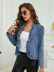 Plus Size Ruffled Trim Open Front Denim Jacket  Style Ratio