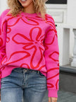 Flower Crew Neck Long Sleeve Sweater  Style Ratio