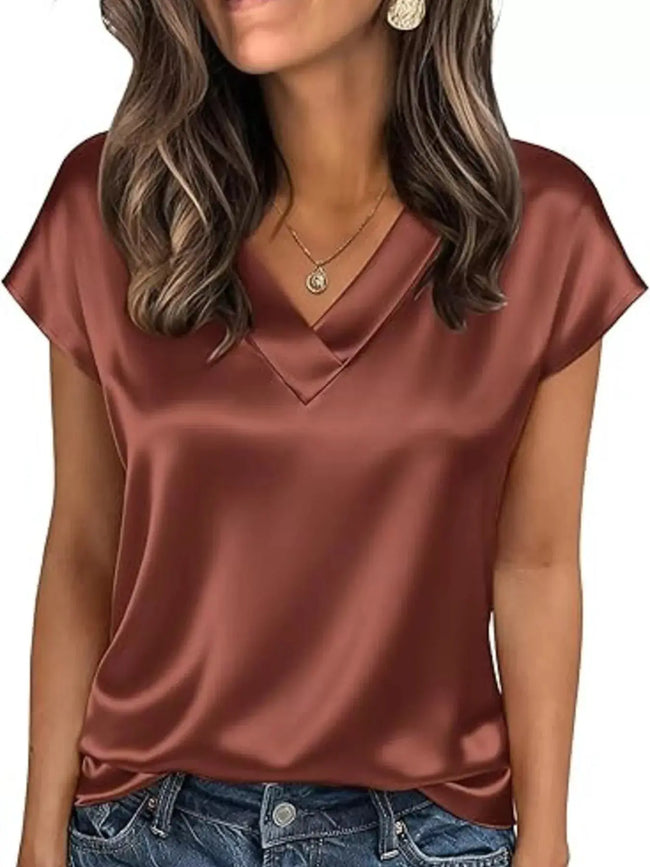 Satin V-Neck Short Sleeve Blouse  Style Ratio