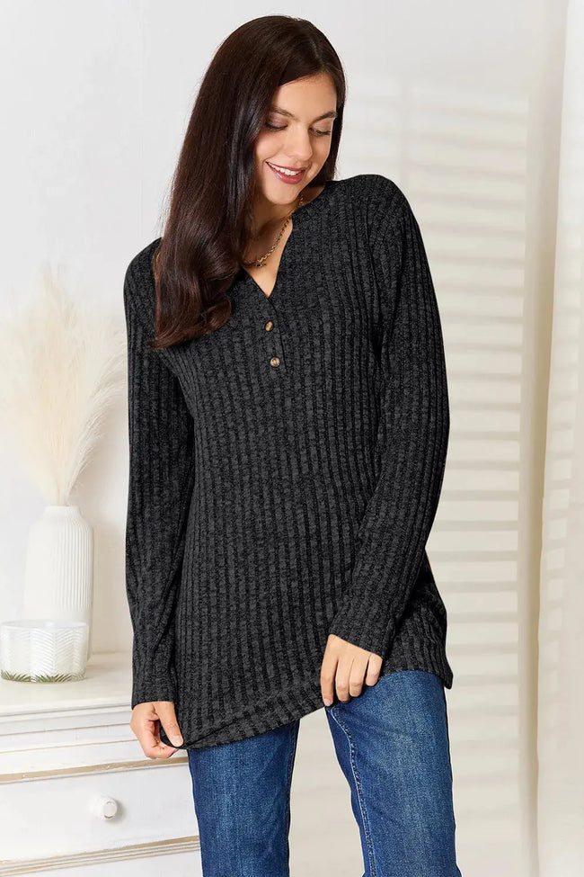 Double Take Notched Neck Ribbed Long Sleeve Shirt  Style Ratio