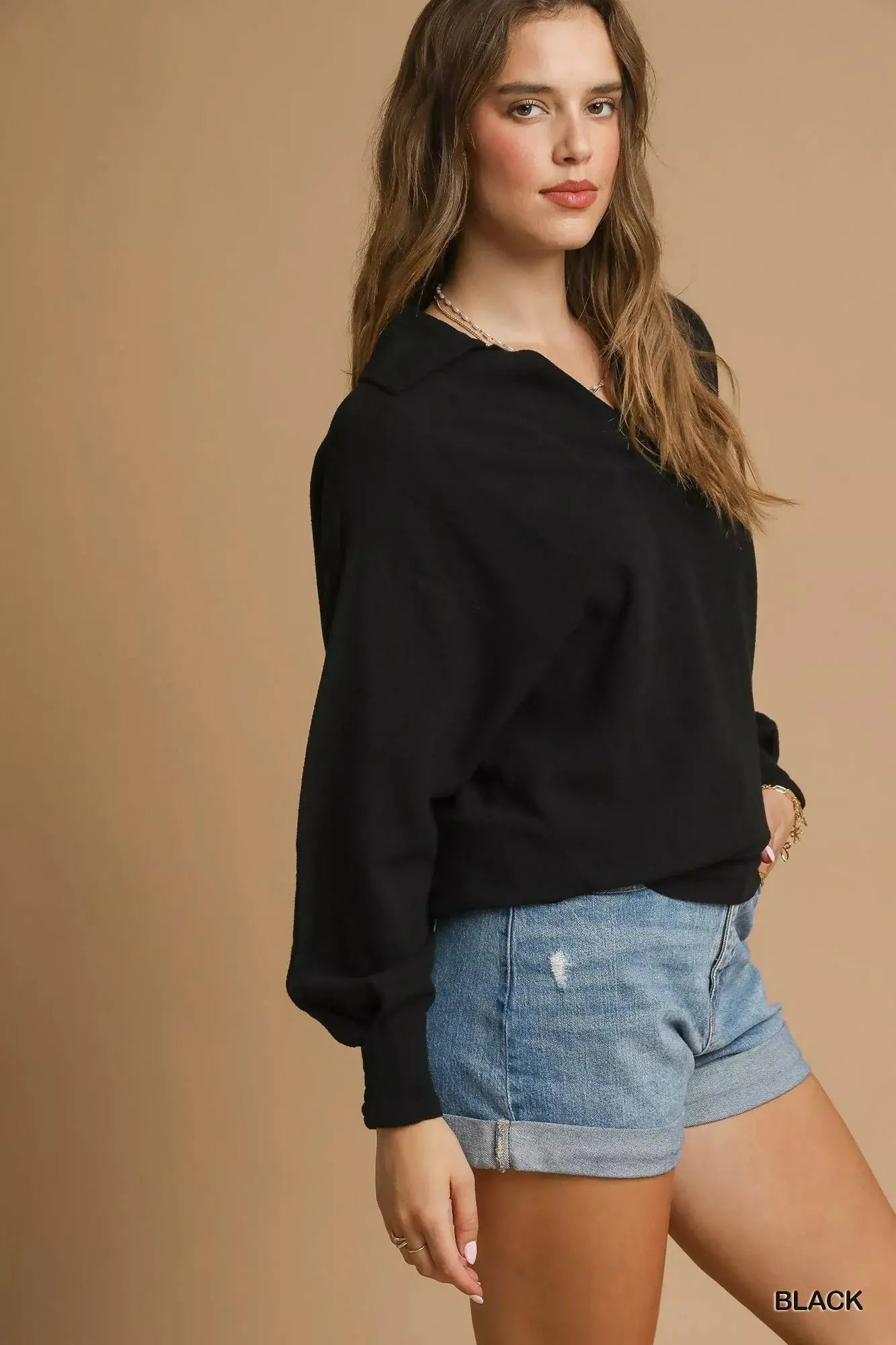 Umgee Linen Long Sleeves Elastic Hem Blouse  Style Ratio