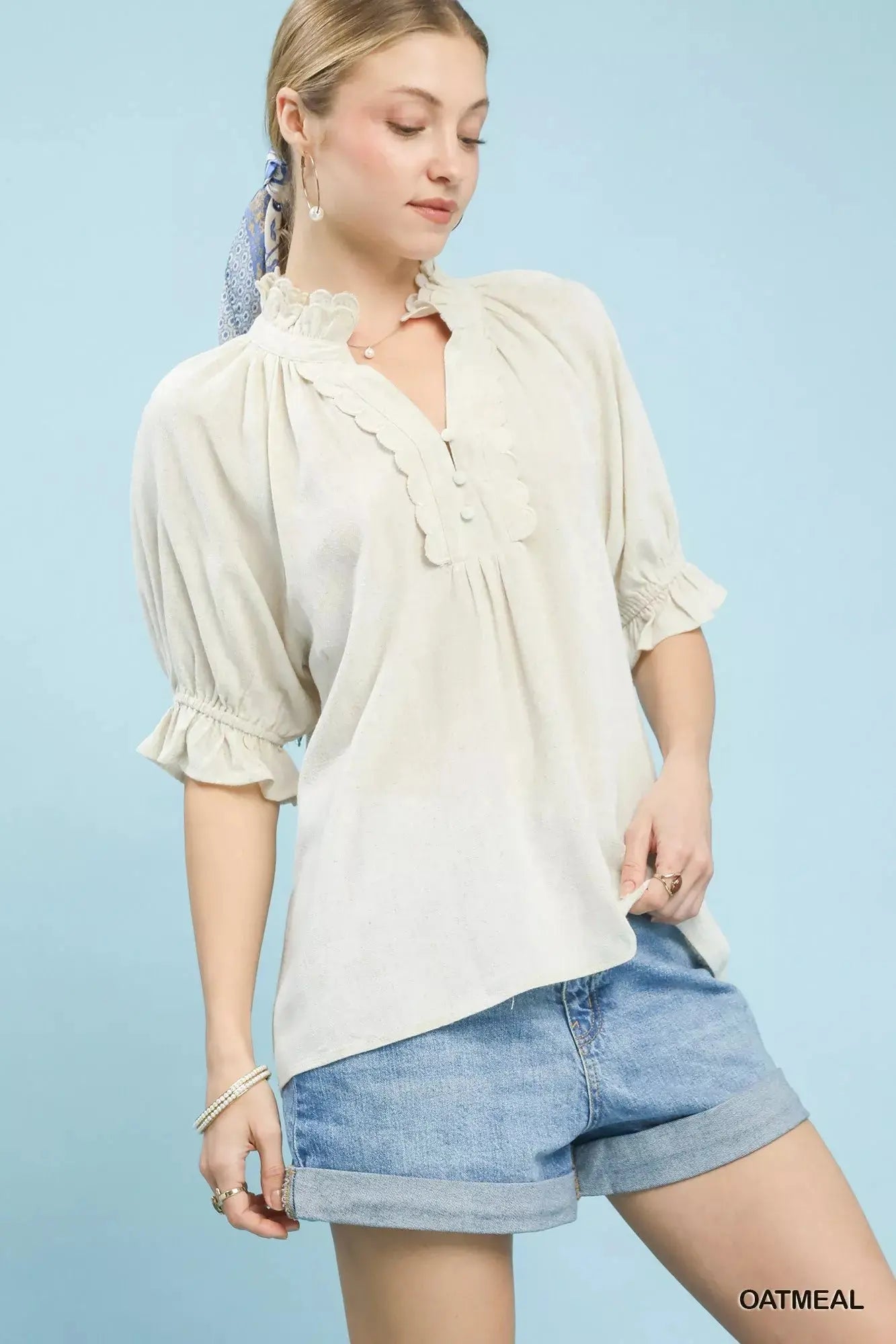 Umgee Linen Scalloped Ruffle Neck Blouse  Style Ratio