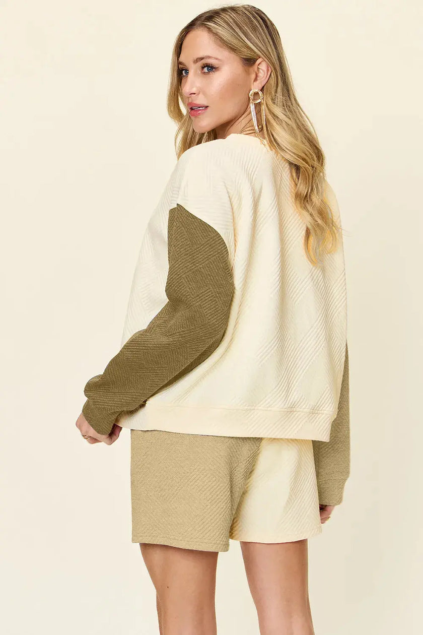 Double Take Full Size Contrast Drop Shoulder Top and Shorts Set  Style Ratio
