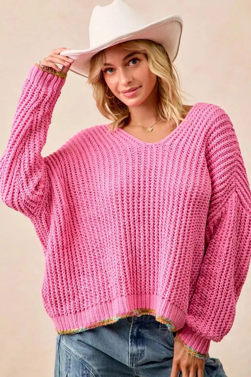 BiBi V Neck Sweater with Colorful Trim  Style Ratio