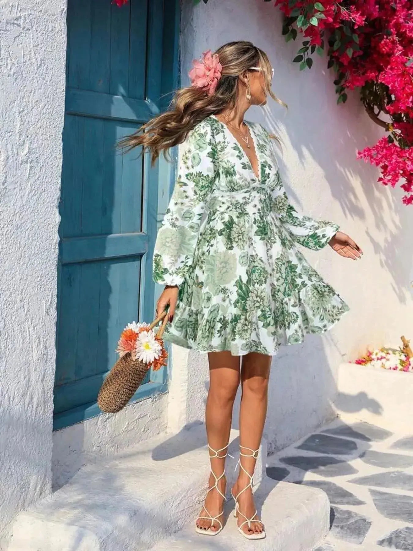 Full Size Floral Print V-Neck Long Sleeve Ruffle Hem Mini Dress  Style Ratio