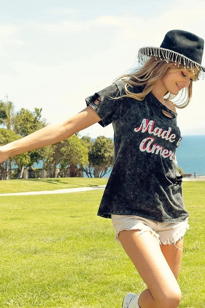 BiBi Laser Cut Mineral Washed America Print Short Sleeve Shirt  Style Ratio