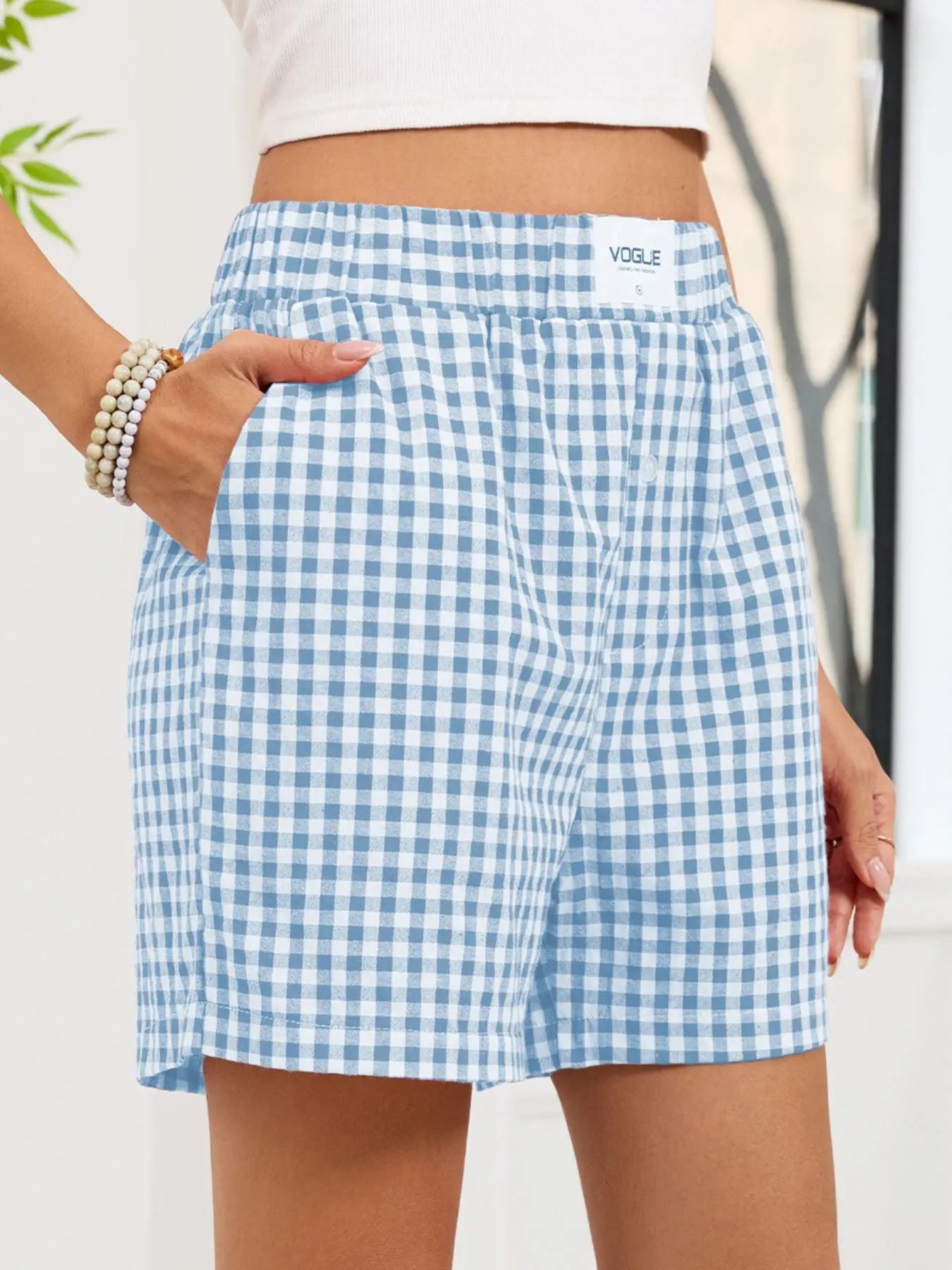 Gingham Elastic Waist Casual Shorts  Style Ratio