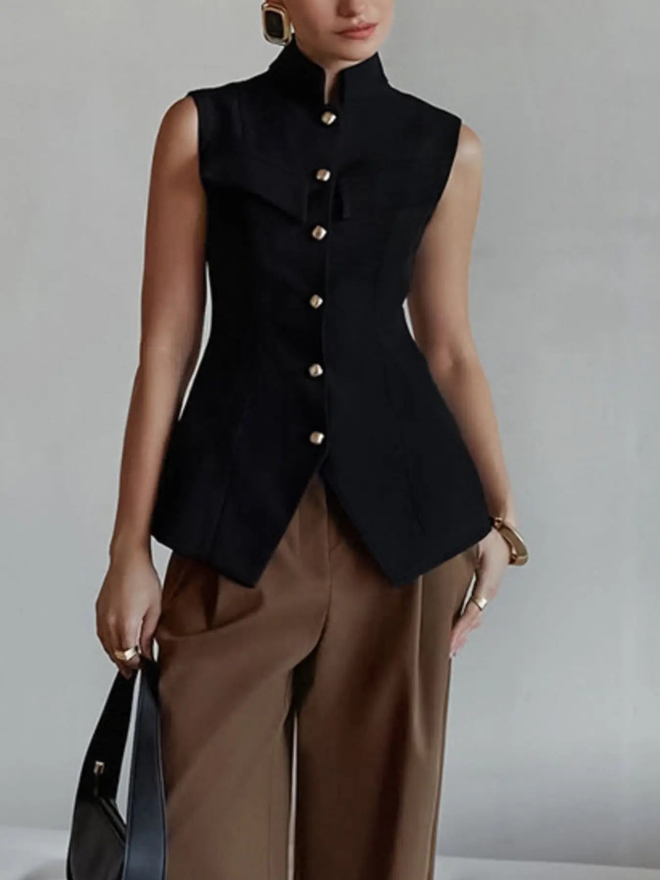 Stand Collar Button-Down Vest Coat  Style Ratio