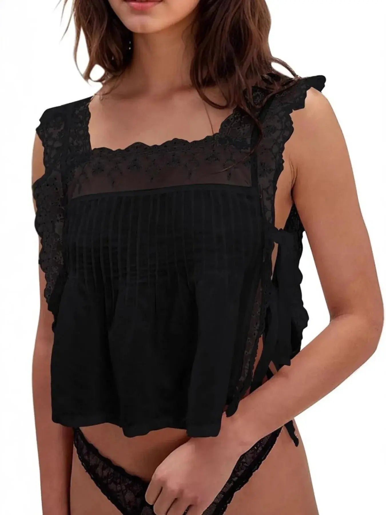Lace-Trimmed Eyelet Square Neck Top  Style Ratio