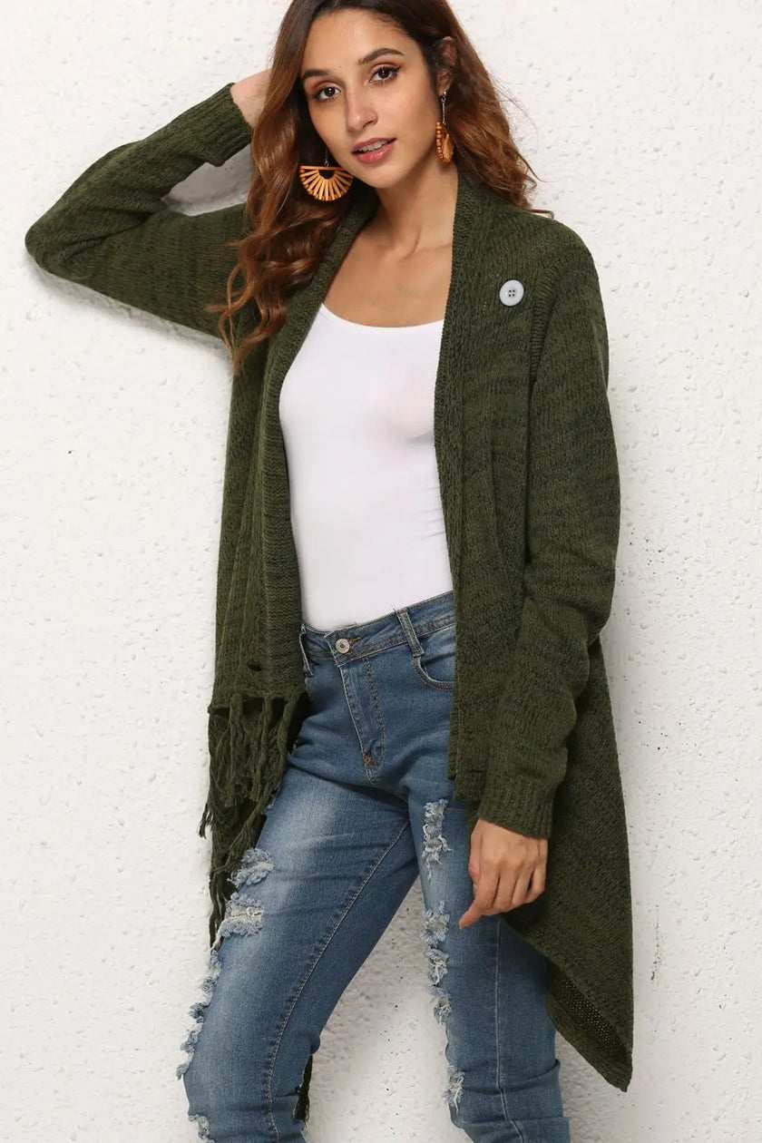 Angel Wings One-Button Tassel Tie Asymmetrical Hem Cardigan  Style Ratio