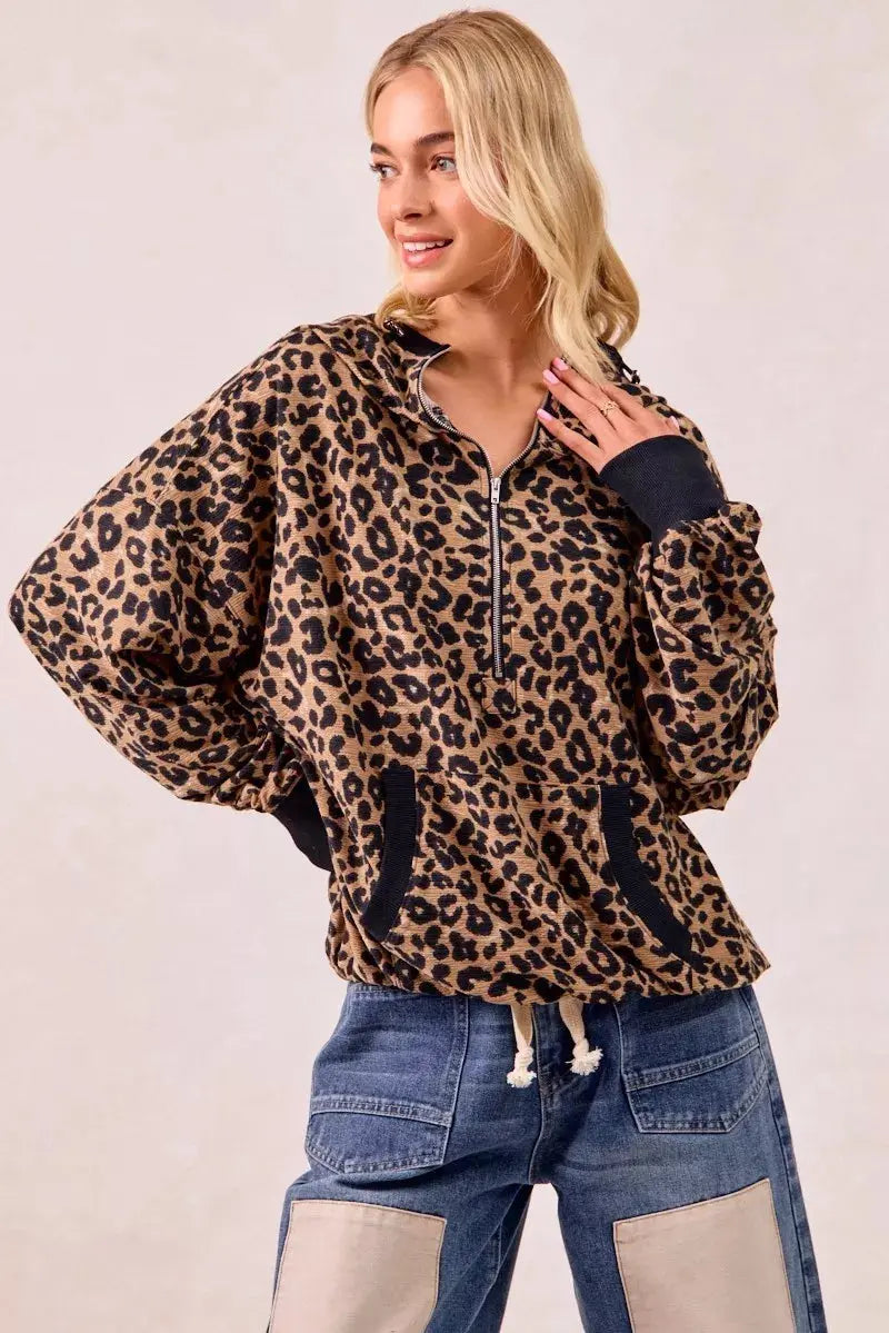 BiBi Leopard Print Waffle Half Zip Up Hoodie W Pocket  Style Ratio