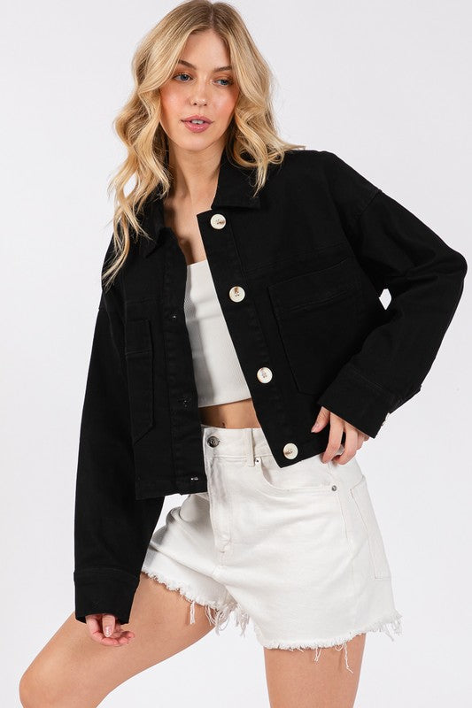 Button Down Cropped Denim Jacket with Patch Pockets