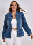 Plus Size Button-Up Peplum Denim Jacket  Style Ratio