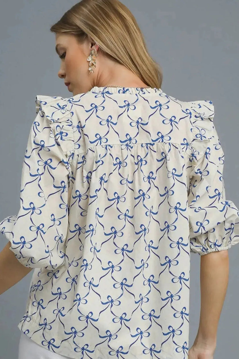 Umgee Ruffled Bow Print Notched Blouse  Style Ratio