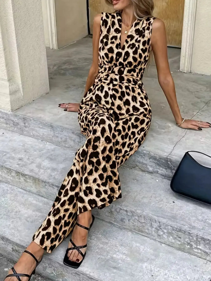 Sleeveless V Neck Leopard Print Jumpsuit  Style Ratio