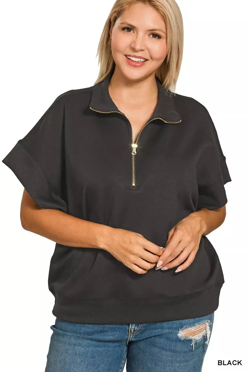 Zenana Full Size Scuba High Neck Half Zip Short Sleeve Sweatshirt  Style Ratio