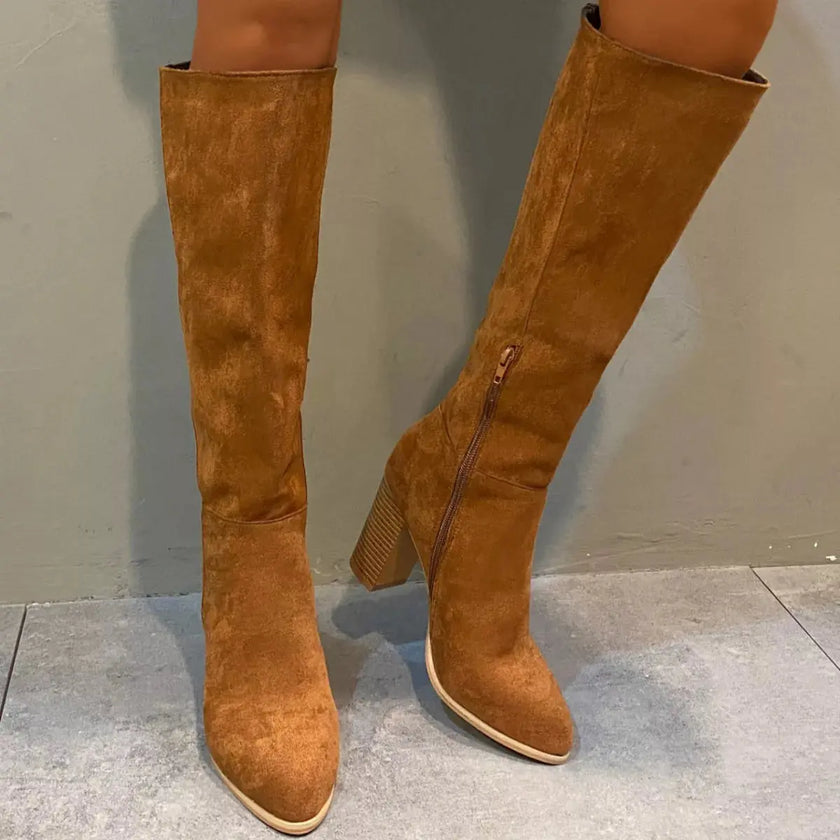 Point Toe Knee-High Suede Block Heel Boots  Style Ratio