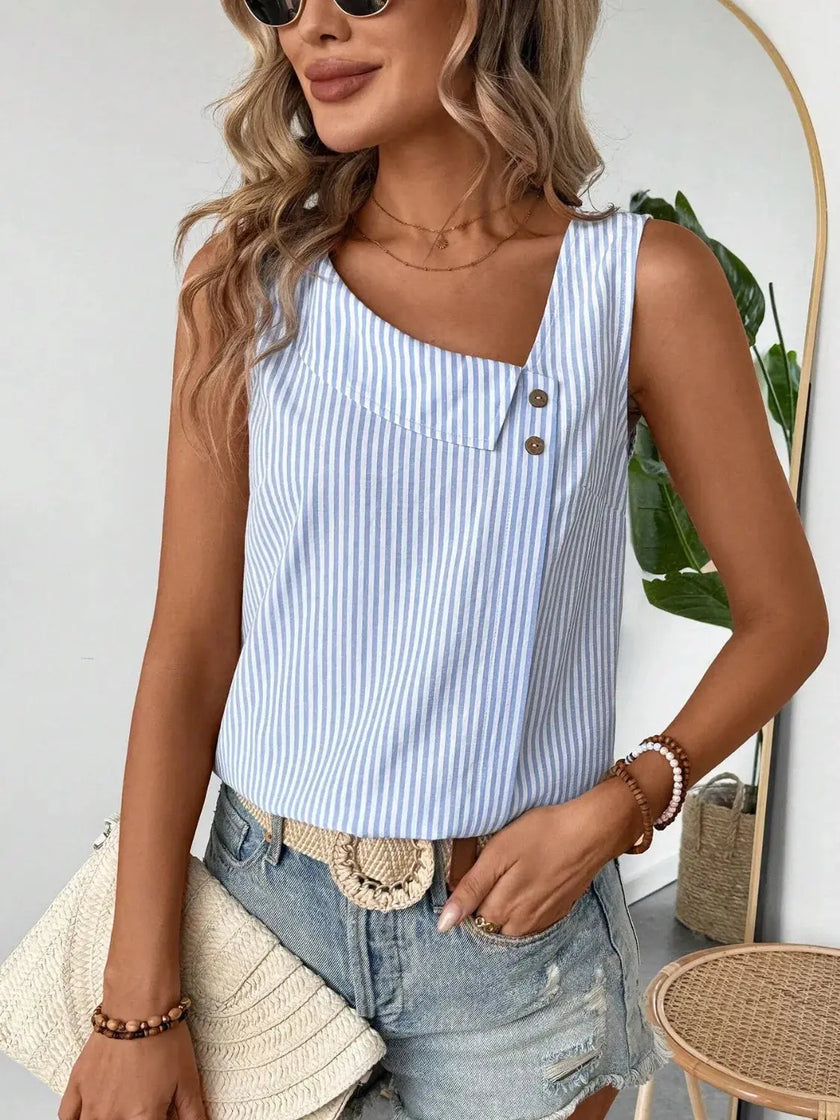 Decorative Button Asymmetrical Striped Tank Top  Style Ratio