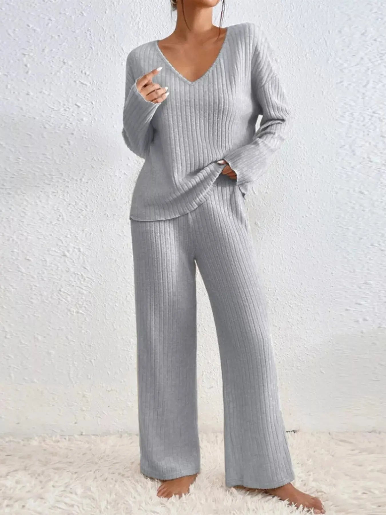 Ribbed V-Neck Top and Pants Loungewear  Style Ratio