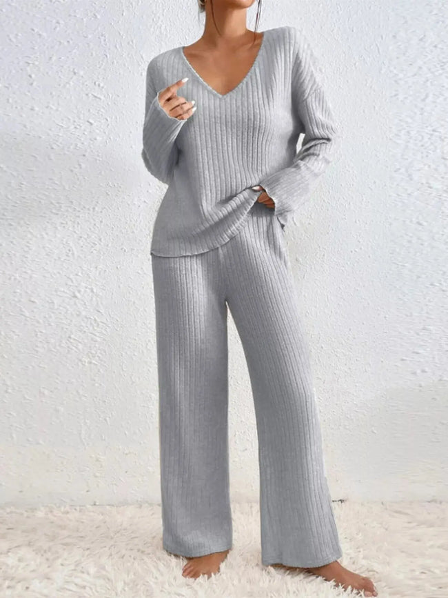 Ribbed V-Neck Top and Pants Loungewear  Style Ratio