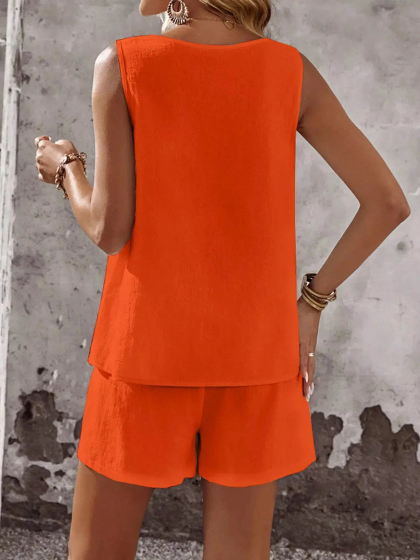 Decor Button Round Neck Tank and Shorts Set  Style Ratio