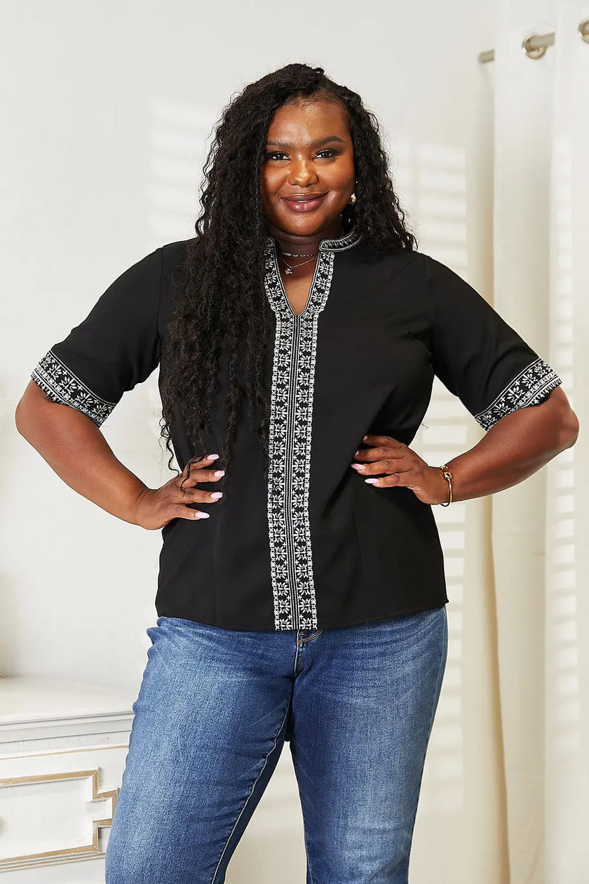 Double Take Embroidered Notched Neck Blouse  Style Ratio