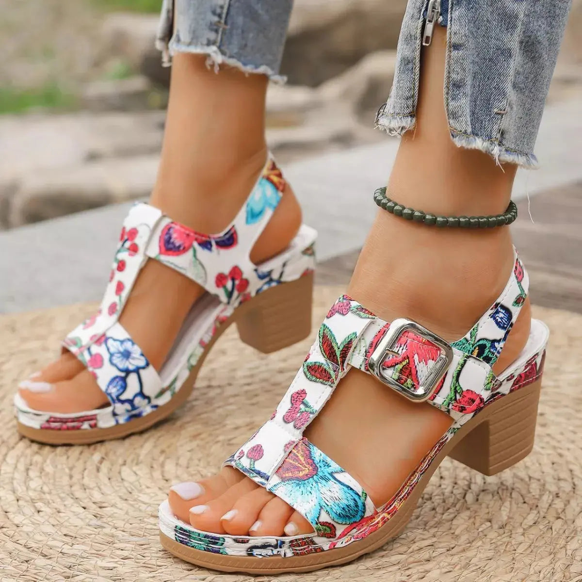 Floral Print Buckle Ankle Strap Block Heel Sandals  Style Ratio
