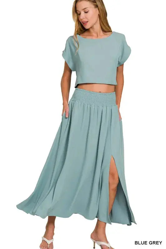 Zenana Heavy Woven Span Crop Tee & Skirt Set  Style Ratio