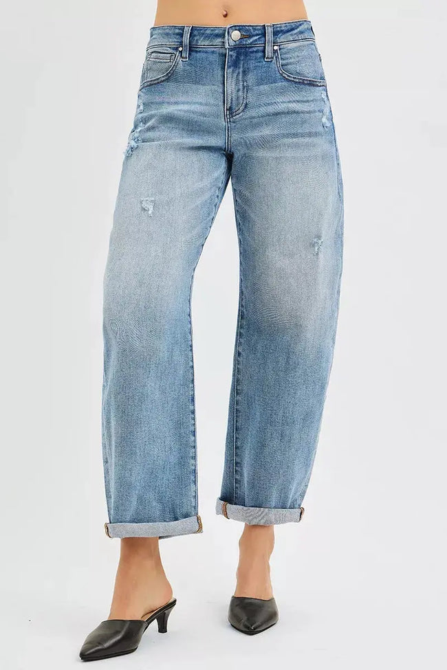 RISEN Full Size Slouchy Ankle Length Barrel Jeans with Cuffs  Style Ratio
