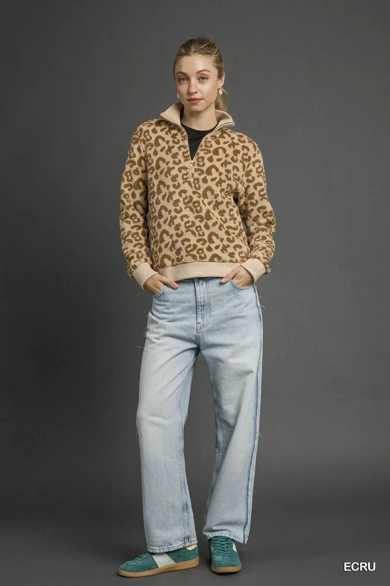 Umgee Leopard Print Quarter-Zip Sweatshirt  Style Ratio