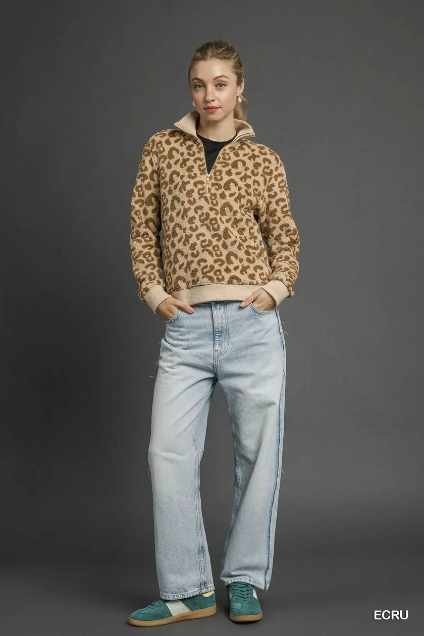 Umgee Leopard Print Quarter-Zip Sweatshirt  Style Ratio