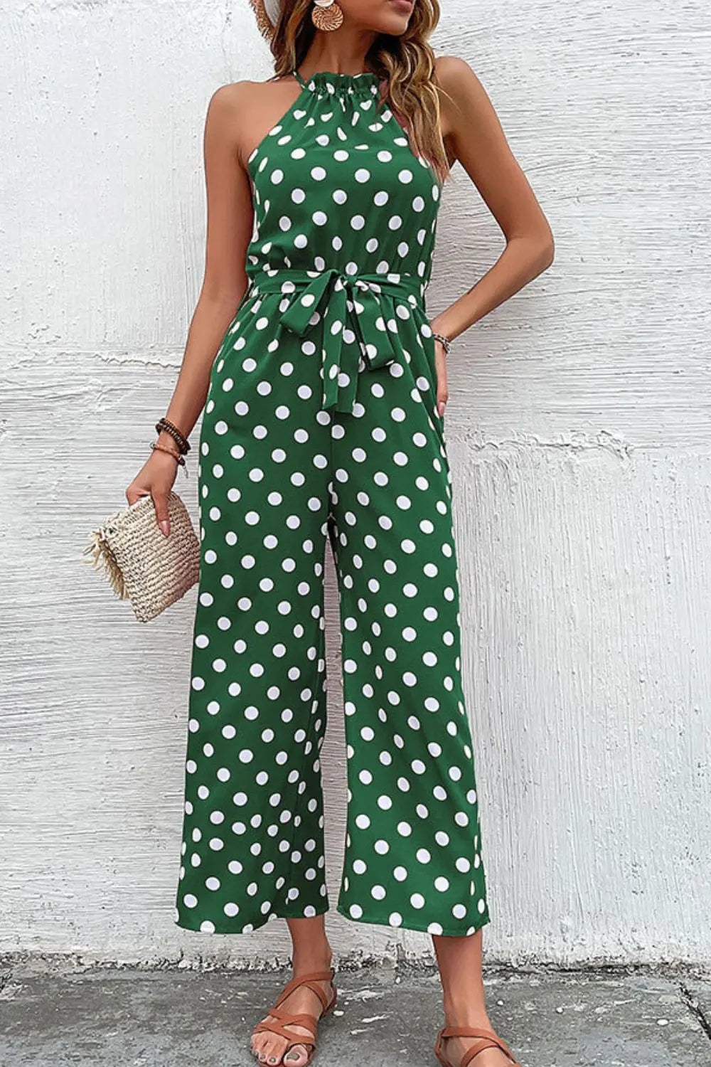 Perfee Polka Dot Grecian Wide Leg Jumpsuit  Style Ratio