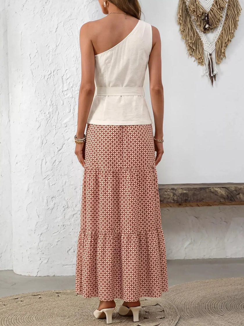 One-Shoulder Top and Geometric Print Maxi Skirt Set  Style Ratio