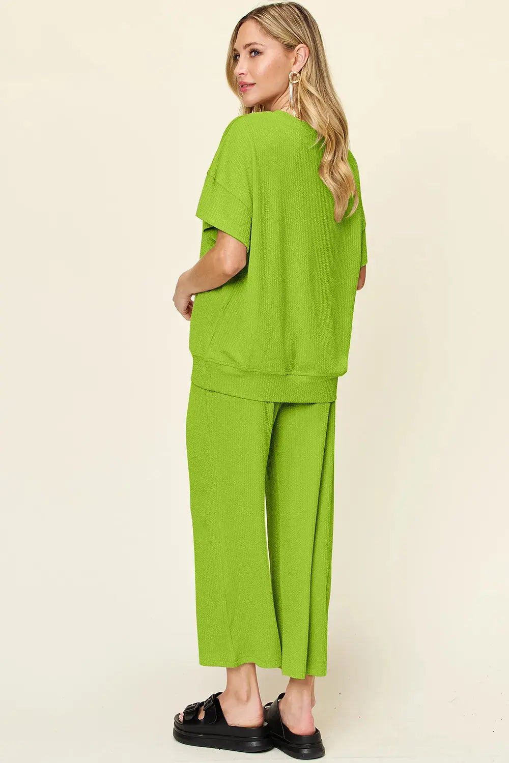 Double Take Texture Round Neck Short Sleeve Shirt and Wide Leg Pants  Style Ratio
