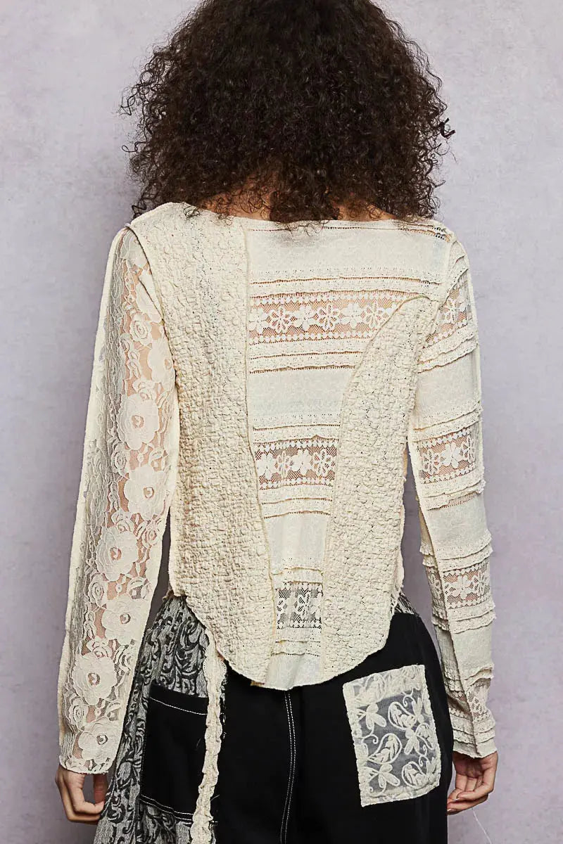 POL Round Neck Long Sleeve Exposed Seam Top with Lace Detail  Style Ratio