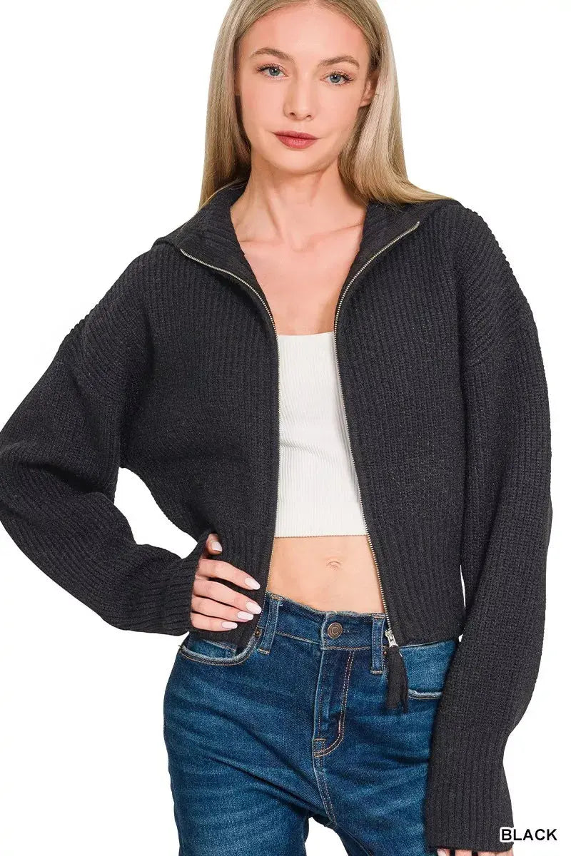 Zenana Ribbed Collared Zip Up Cardigan  Style Ratio